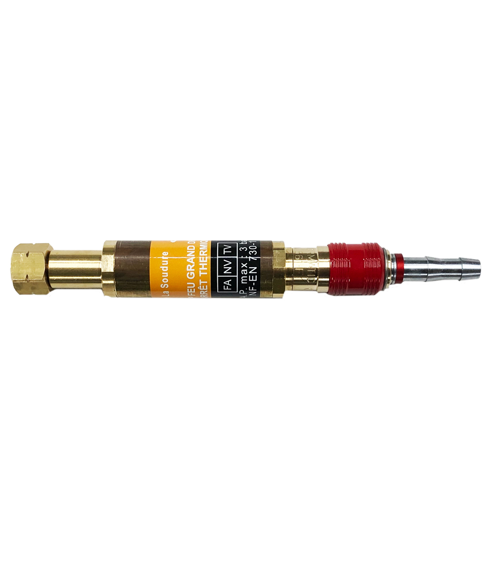 Raccord rapide avec anti retour de flamme grand débit Oxygène / Acétylène / Propane pour manodétendeur sortie écrou 16x150 Raccord rapide avec anti retour de flamme grand débit Oxygène / Acétylène / Propane pour manodétendeur sortie écrou 16x150