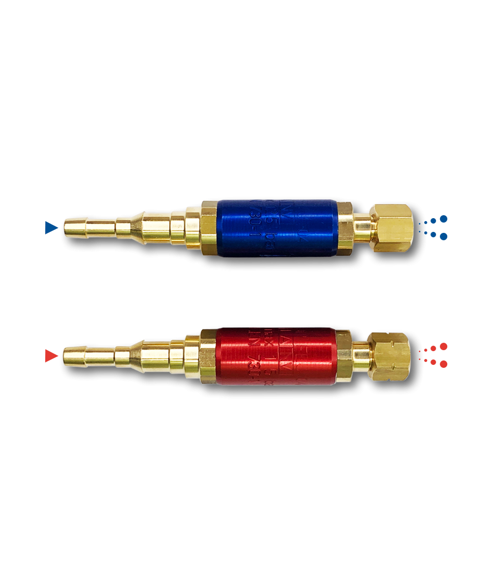 Paire de clapets anti-retour stop feu oxygène/propane pour chalumeau écrous 12x100 type soudeur éclair 0 ou coupeur mini foudre Paire de clapets anti-retour stop feu oxygène/propane pour chalumeau écrous 12x100 type soudeur éclair 0 ou coupeur mini foudre